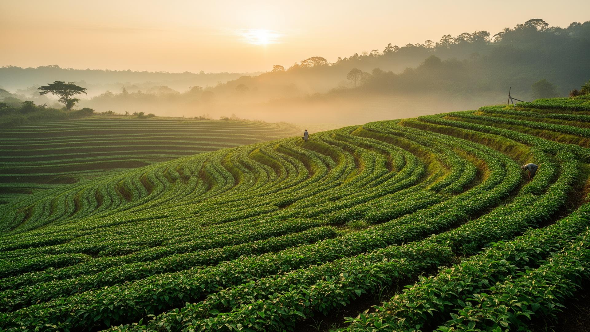 Organic terraced farm fields at sunrise