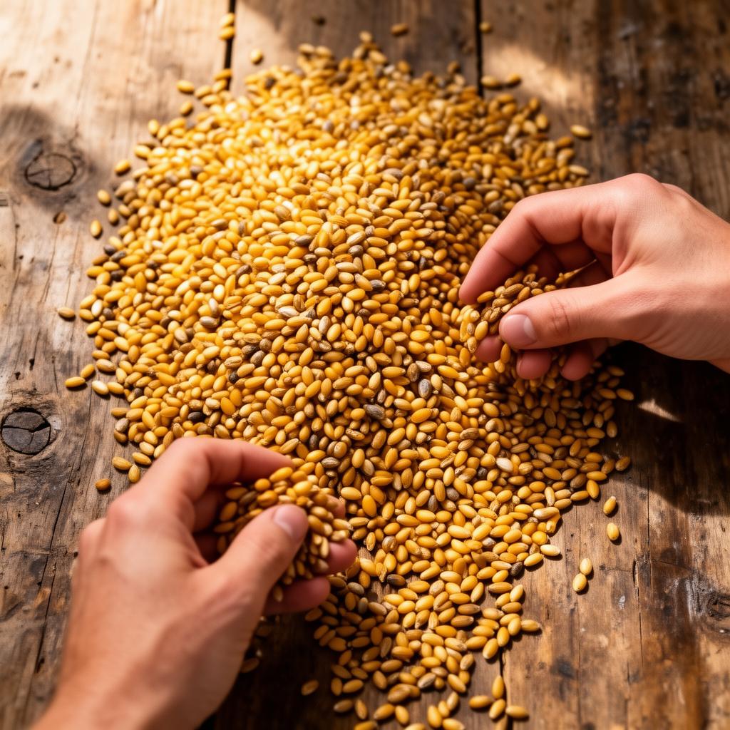 Heirloom grains being sorted by hand on a wooden table